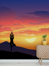 Carregar imagem no visualizador da galeria, Yoga Meditating On Top of Mountain View Wall Mural. Calm Sunrise Design Peel and Stick Wallpaper. #6364
