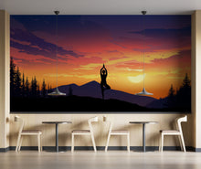 Carregar imagem no visualizador da galeria, Yoga Meditating On Top of Mountain View Wall Mural. Calm Sunrise Design Peel and Stick Wallpaper. #6364