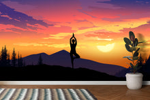 Carregar imagem no visualizador da galeria, Yoga Meditating On Top of Mountain View Wall Mural. Calm Sunrise Design Peel and Stick Wallpaper. #6364
