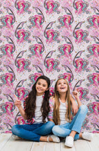 Carregar imagem no visualizador da galeria, Pink Mermaid Wall Mural. Magical Cute Mermaid and Seahorse in Ocean Peel and Stick Wallpaper. #6371