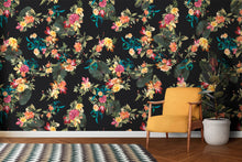 Carregar imagem no visualizador da galeria, Tropical Flower Wall Mural. Paradise Botanical Flowers and Leave Black Background. #6372