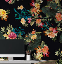 Carregar imagem no visualizador da galeria, Tropical Flower Wall Mural. Paradise Botanical Flowers and Leave Black Background. #6372