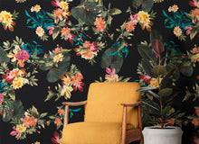 Carregar imagem no visualizador da galeria, Tropical Flower Wall Mural. Paradise Botanical Flowers and Leave Black Background. #6372