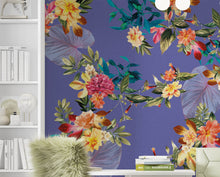 Carregar imagem no visualizador da galeria, Tropical Flower Wall Mural. Paradise Botanical Flowers and Leave Purple Very Peri Color Background. #6376