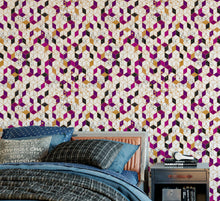 Carregar imagem no visualizador da galeria, Abstract 3D Cube Shape Wall Mural. Geometric Cube Minimalistic Purple and Gold Peel and Stick Wallpaper. #6380