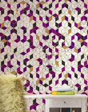 Carregar imagem no visualizador da galeria, Abstract 3D Cube Shape Wall Mural. Geometric Cube Minimalistic Purple and Gold Peel and Stick Wallpaper. #6380