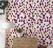 Carregar imagem no visualizador da galeria, Abstract 3D Cube Shape Wall Mural. Geometric Cube Minimalistic Purple and Gold Peel and Stick Wallpaper. #6380