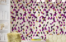 Carregar imagem no visualizador da galeria, Abstract 3D Cube Shape Wall Mural. Geometric Cube Minimalistic Purple and Gold Peel and Stick Wallpaper. #6380