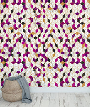 Carregar imagem no visualizador da galeria, Abstract 3D Cube Shape Wall Mural. Geometric Cube Minimalistic Purple and Gold Peel and Stick Wallpaper. #6380