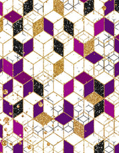 Carregar imagem no visualizador da galeria, Abstract 3D Cube Shape Wall Mural. Geometric Cube Minimalistic Purple and Gold Peel and Stick Wallpaper. #6380