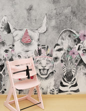 Carregar imagem no visualizador da galeria, Safari Baby Animals Wall Mural. Baby Elephant, Giraffe, Rhino, Lion and Zebra Peel and Stick Wallpaper. #6383