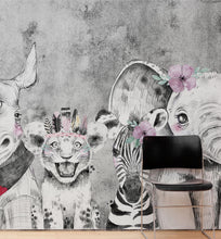 Carregar imagem no visualizador da galeria, Safari Baby Animals Wall Mural. Baby Elephant, Giraffe, Rhino, Lion and Zebra Peel and Stick Wallpaper. #6383