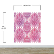 Load image into Gallery viewer, Large Floral Mandala Wall Art Wallpaper. Pink and Purple Ornament Design Peel and Stick Wall Mural. #6384