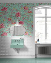Carregar imagem no visualizador da galeria, Mint Color Flower Pattern Wall Mural. Tropical Botanical Floral Peel and Stick Wallpaper. #6387