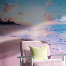 Carregar imagem no visualizador da galeria, Pastel Color Sunset over Paradise Beach Wall Mural. Pastel Pink and Blue Color Scheme Peel and Stick Wallpaper. #6404