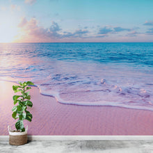 Carregar imagem no visualizador da galeria, Pastel Color Sunset over Paradise Beach Wall Mural. Pastel Pink and Blue Color Scheme Peel and Stick Wallpaper. #6404