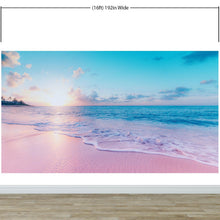 Carregar imagem no visualizador da galeria, Pastel Color Sunset over Paradise Beach Wall Mural. Pastel Pink and Blue Color Scheme Peel and Stick Wallpaper. #6404