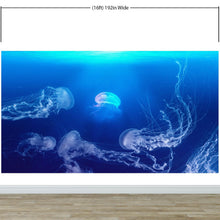 Carregar imagem no visualizador da galeria, Jellyfish Floating Underwater Wall Mural. Deep Blue Ocean Peel and Stick Wallpaper. #6405