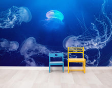 Carregar imagem no visualizador da galeria, Jellyfish Floating Underwater Wall Mural. Deep Blue Ocean Peel and Stick Wallpaper. #6405