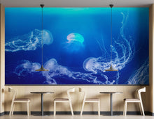 Carregar imagem no visualizador da galeria, Jellyfish Floating Underwater Wall Mural. Deep Blue Ocean Peel and Stick Wallpaper. #6405