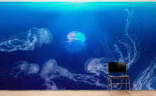 Carregar imagem no visualizador da galeria, Jellyfish Floating Underwater Wall Mural. Deep Blue Ocean Peel and Stick Wallpaper. #6405