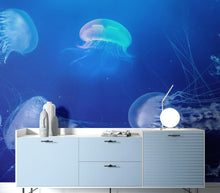 Carregar imagem no visualizador da galeria, Jellyfish Floating Underwater Wall Mural. Deep Blue Ocean Peel and Stick Wallpaper. #6405