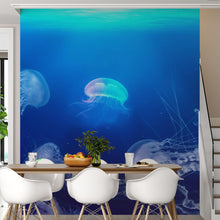 Carregar imagem no visualizador da galeria, Jellyfish Floating Underwater Wall Mural. Deep Blue Ocean Peel and Stick Wallpaper. #6405