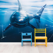 Carregar imagem no visualizador da galeria, Great White Shark Attack Aquarium Glass Wall Mural. Peel and Stick Wallpaper. #6424