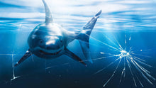Carregar imagem no visualizador da galeria, Great White Shark Attack Aquarium Glass Wall Mural. Peel and Stick Wallpaper. #6424