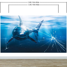 Carregar imagem no visualizador da galeria, Great White Shark Attack Aquarium Glass Wall Mural. Peel and Stick Wallpaper. #6424