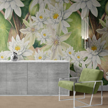 Load image into Gallery viewer, Botanical Flower Wall Mural. Color Pencil Artwork of Flower Garden Peel and Stick Wallpaper. Paradise Botanical Flowers and Leave Black Background. #6426