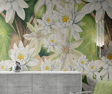 Load image into Gallery viewer, Botanical Flower Wall Mural. Color Pencil Artwork of Flower Garden Peel and Stick Wallpaper. Paradise Botanical Flowers and Leave Black Background. #6426