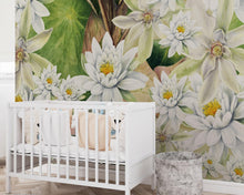 Load image into Gallery viewer, Botanical Flower Wall Mural. Color Pencil Artwork of Flower Garden Peel and Stick Wallpaper. Paradise Botanical Flowers and Leave Black Background. #6426