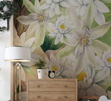 Load image into Gallery viewer, Botanical Flower Wall Mural. Color Pencil Artwork of Flower Garden Peel and Stick Wallpaper. Paradise Botanical Flowers and Leave Black Background. #6426