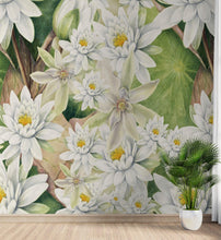 Load image into Gallery viewer, Botanical Flower Wall Mural. Color Pencil Artwork of Flower Garden Peel and Stick Wallpaper. Paradise Botanical Flowers and Leave Black Background. #6426