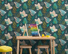 Load image into Gallery viewer, Butterfly Pattern Wall Mural. Retro Green and Gold Color Illustration Design. Bedroom, Nursery, Home Decor. #6435