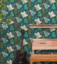 Load image into Gallery viewer, Butterfly Pattern Wall Mural. Retro Green and Gold Color Illustration Design. Bedroom, Nursery, Home Decor. #6435