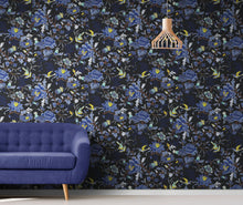 Load image into Gallery viewer, Blue and Black Color Flower Pattern Wall Mural. Tropical Botanical Floral Peel and Stick Wallpaper. #6437