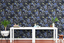 Load image into Gallery viewer, Blue and Black Color Flower Pattern Wall Mural. Tropical Botanical Floral Peel and Stick Wallpaper. #6437