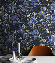 Load image into Gallery viewer, Blue and Black Color Flower Pattern Wall Mural. Tropical Botanical Floral Peel and Stick Wallpaper. #6437