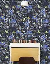Load image into Gallery viewer, Blue and Black Color Flower Pattern Wall Mural. Tropical Botanical Floral Peel and Stick Wallpaper. #6437