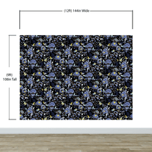 Load image into Gallery viewer, Blue and Black Color Flower Pattern Wall Mural. Tropical Botanical Floral Peel and Stick Wallpaper. #6437