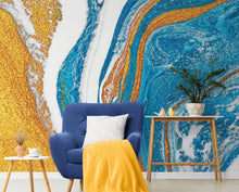 Carregar imagem no visualizador da galeria, Abstract Bright Color Ink Splotch Pattern Wall Mural. Gold, White and Blue. #6439