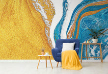 Carregar imagem no visualizador da galeria, Abstract Bright Color Ink Splotch Pattern Wall Mural. Gold, White and Blue. #6439