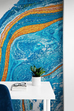 Carregar imagem no visualizador da galeria, Abstract Bright Color Ink Splotch Pattern Wall Mural. Gold, White and Blue. #6439