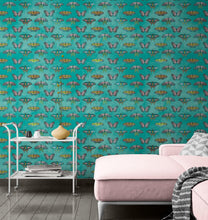 Load image into Gallery viewer, Butterfly Pattern on Green Background Wall Mural. Retro Green, Pink and Gold Color Illustration Design. Bedroom, Nursery, Home Decor. Peel and Stick Wallpaper. #6440