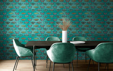 Load image into Gallery viewer, Butterfly Pattern on Green Background Wall Mural. Retro Green, Pink and Gold Color Illustration Design. Bedroom, Nursery, Home Decor. Peel and Stick Wallpaper. #6440