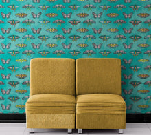 Load image into Gallery viewer, Butterfly Pattern on Green Background Wall Mural. Retro Green, Pink and Gold Color Illustration Design. Bedroom, Nursery, Home Decor. Peel and Stick Wallpaper. #6440