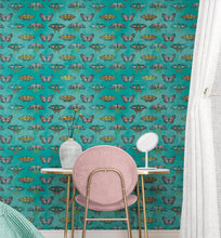 Load image into Gallery viewer, Butterfly Pattern on Green Background Wall Mural. Retro Green, Pink and Gold Color Illustration Design. Bedroom, Nursery, Home Decor. Peel and Stick Wallpaper. #6440