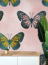 Carregar imagem no visualizador da galeria, Large Butterfly Pattern on Pink Background Wall Mural. Bedroom, Nursery, Home Decor. Peel and Stick Wallpaper. #6441